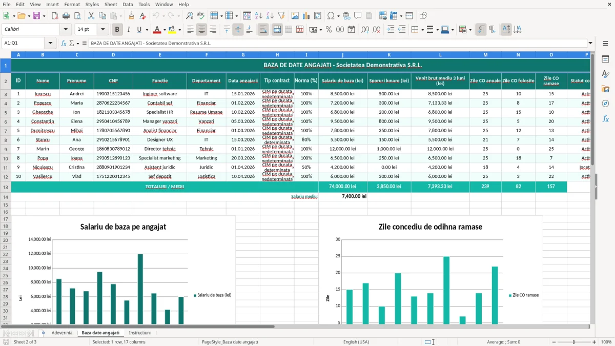 Captură 2: fila Baza date angajati - Șablon Excel adeverință de salariat excel model