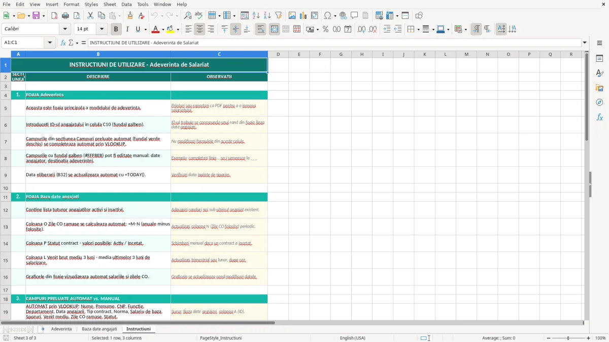 Captură 3: fila Instructiuni - Șablon Excel adeverință de salariat excel model