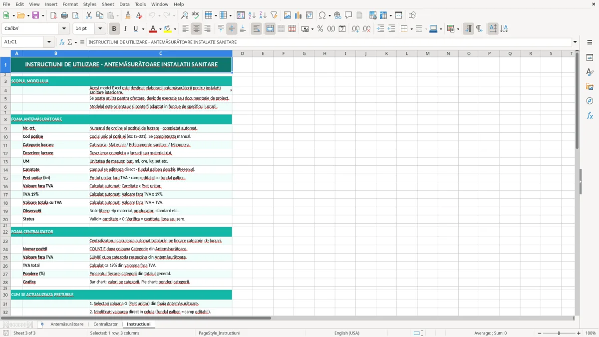 Skärmbild 3: fliken Instructiuni - Excelmall antemăsurătoare instalații sanitare excel model