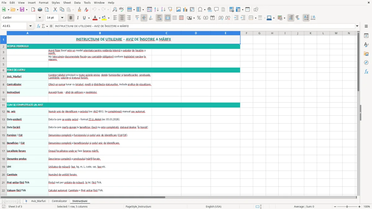 Captură 3: fila Instrucțiuni - Șablon Excel aviz de însoțire a mărfii excel model