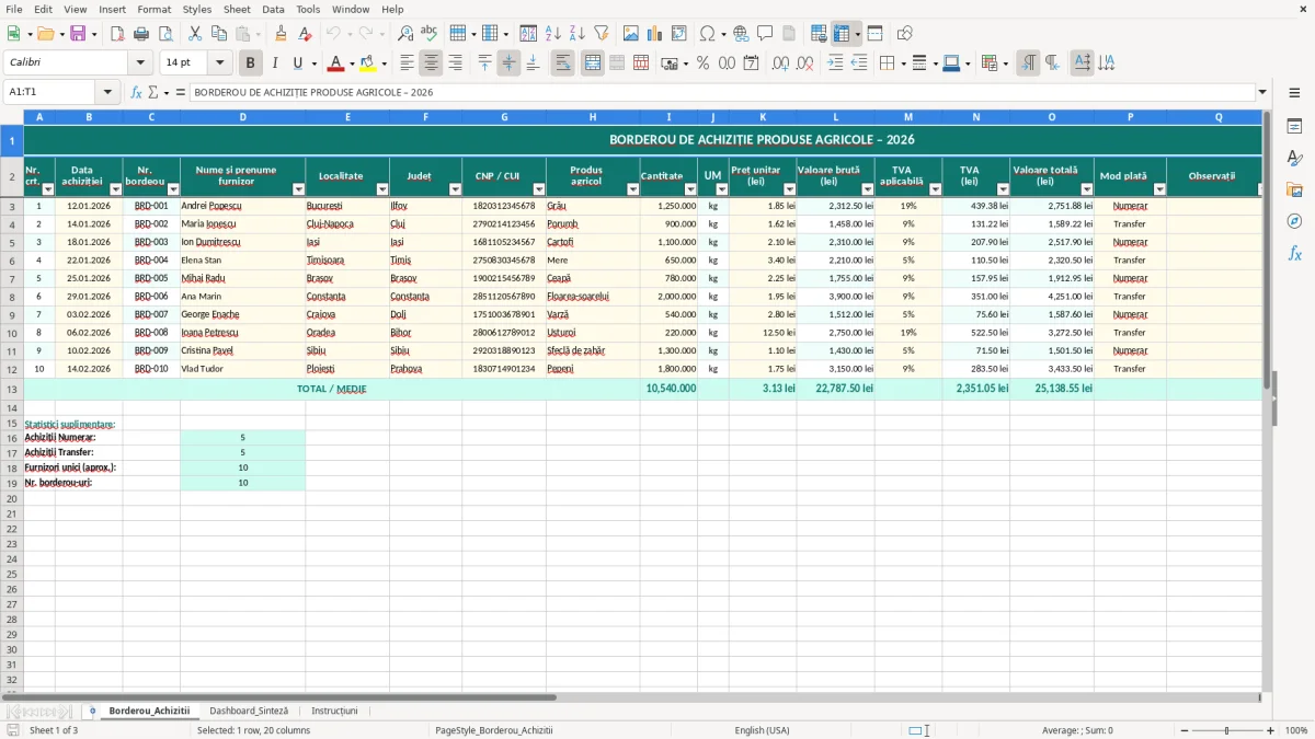 Skärmbild 1: fliken Borderou_Achizitii - Excelmall borderou de achiziție produse agricole excel model