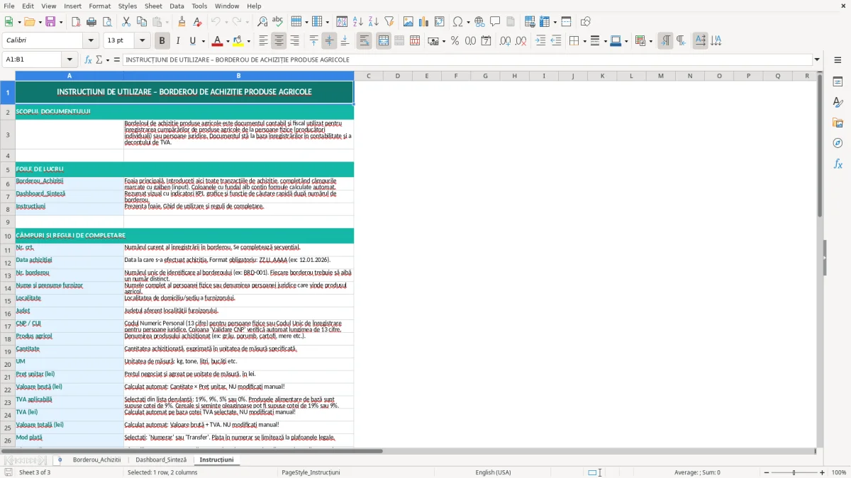 Skärmbild 3: fliken Instrucțiuni - Excelmall borderou de achiziție produse agricole excel model
