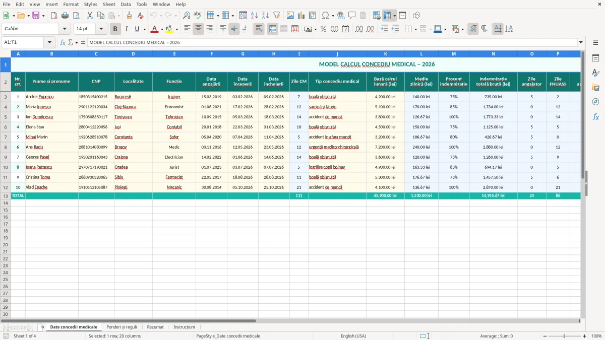 Captură 1: fila Date concedii medicale - Șablon Excel calcul concediu medical excel model