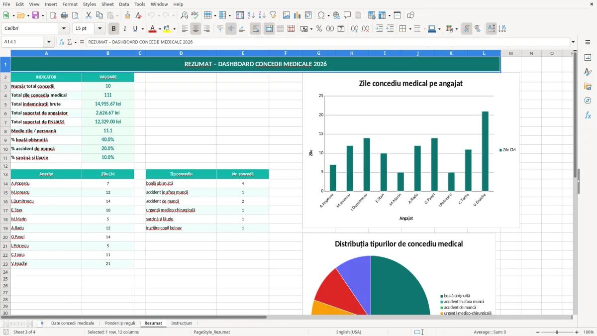 Captură 3: fila Rezumat - Șablon Excel calcul concediu medical excel model