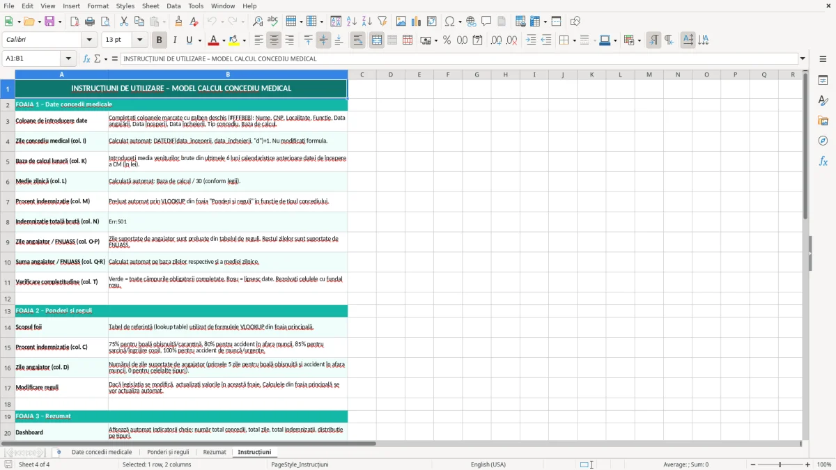 Captură 4: fila Instrucțiuni - Șablon Excel calcul concediu medical excel model