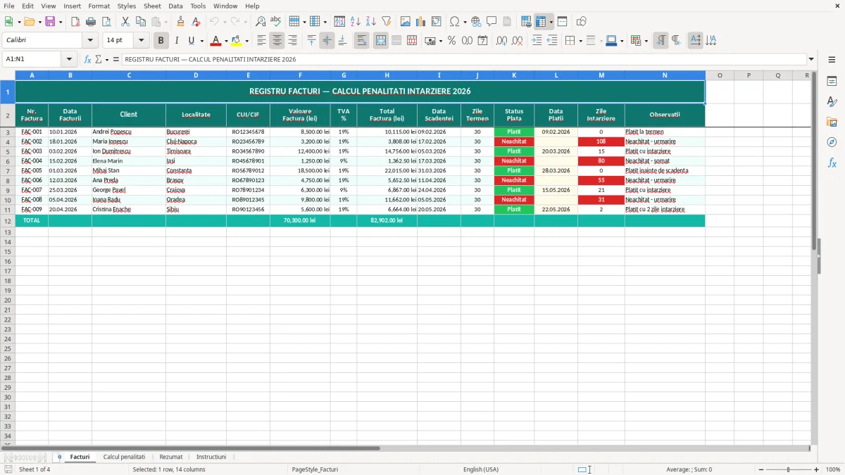 Captură 1: fila Facturi - Șablon Excel calcul penalități întârziere factură excel model