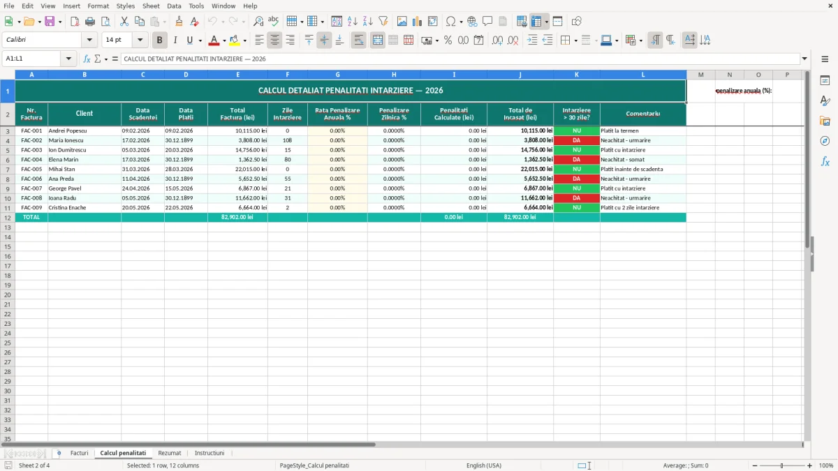 Captură 2: fila Calcul penalitati - Șablon Excel calcul penalități întârziere factură excel model