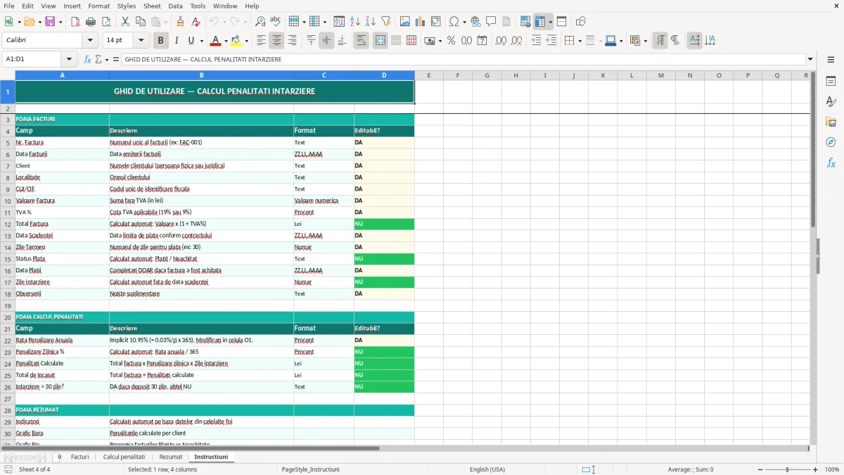 Captură 4: fila Instructiuni - Șablon Excel calcul penalități întârziere factură excel model
