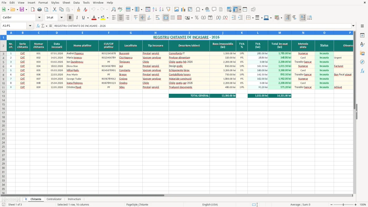 Captură 1: fila Chitante - Șablon Excel chitanță de încasare excel model