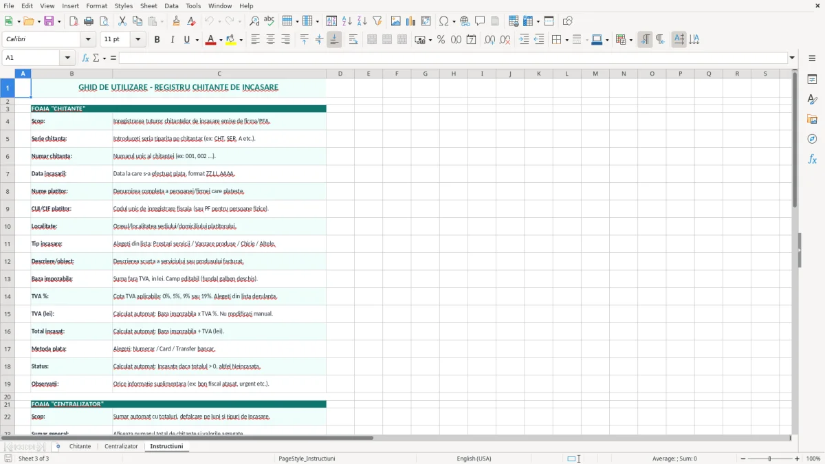 Captură 3: fila Instructiuni - Șablon Excel chitanță de încasare excel model