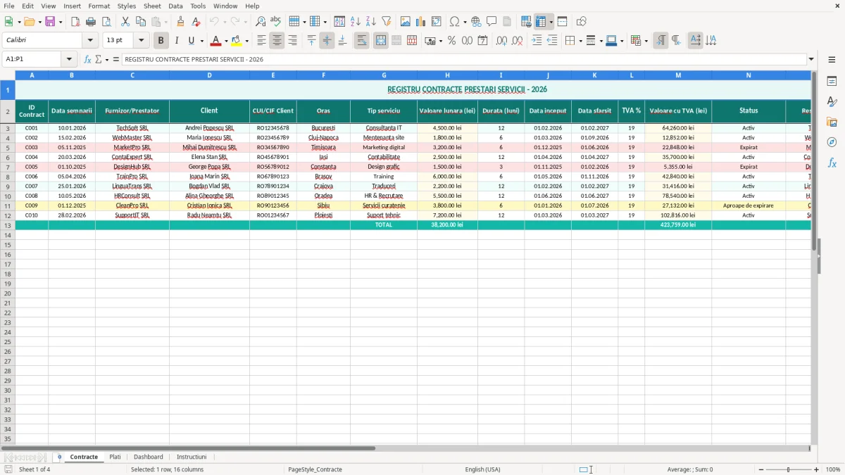Captură 1: fila Contracte - Șablon Excel contract prestări servicii excel model