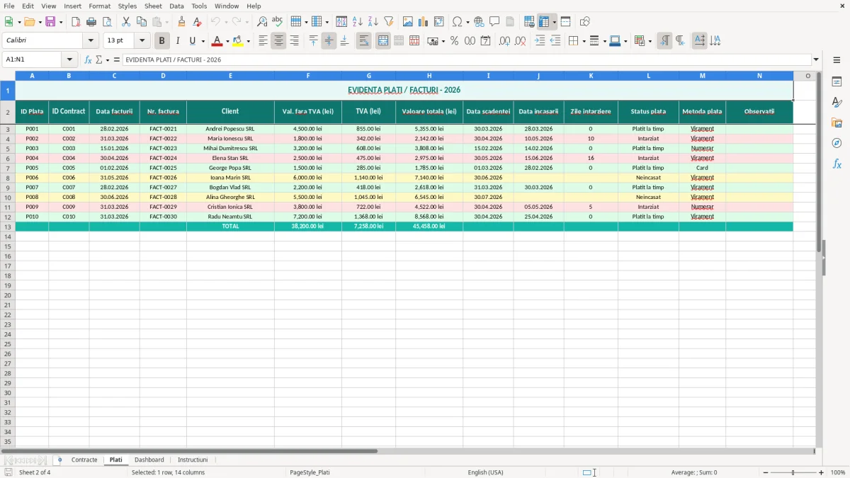 Captură 2: fila Plati - Șablon Excel contract prestări servicii excel model