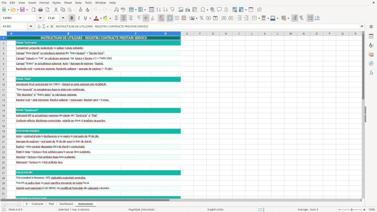 Captură 4: fila Instructiuni - Șablon Excel contract prestări servicii excel model