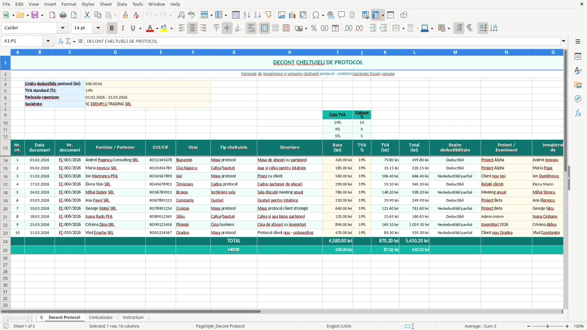 Skärmbild 1: fliken Decont Protocol - Excelmall decont cheltuieli protocol excel model