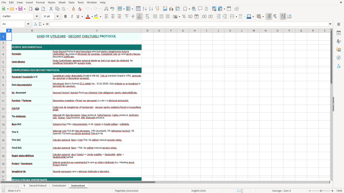 Skärmbild 3: fliken Instructiuni - Excelmall decont cheltuieli protocol excel model
