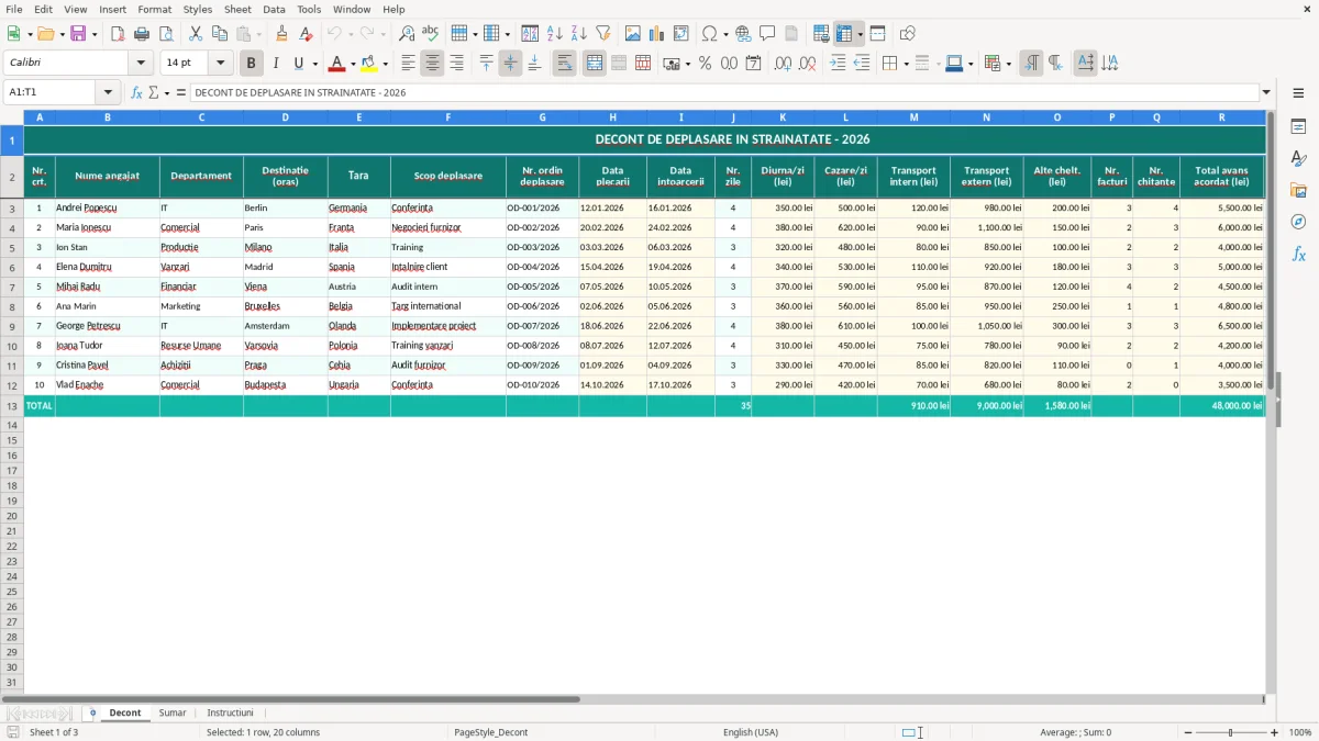 Captură 1: fila Decont - Șablon Excel decont deplasare în străinătate excel model