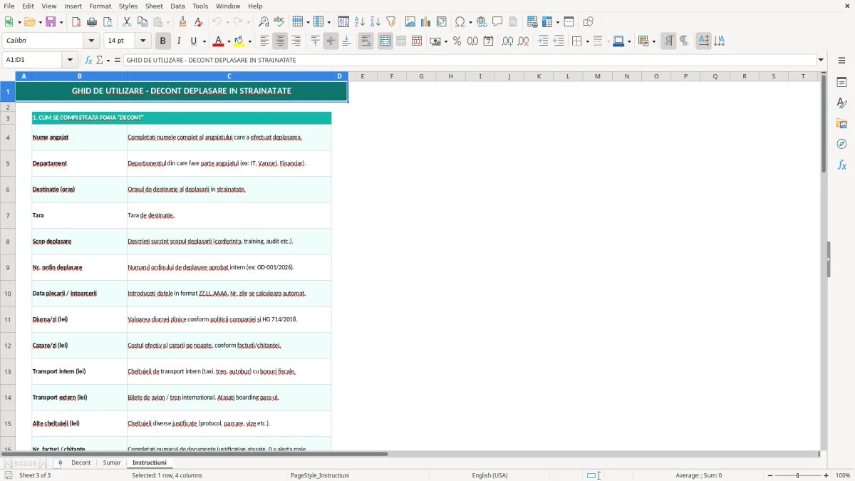 Captură 3: fila Instructiuni - Șablon Excel decont deplasare în străinătate excel model