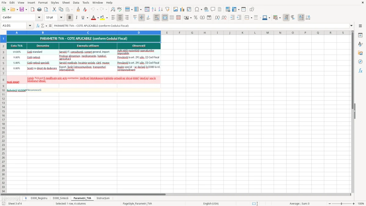 Captură 3: fila Parametri_TVA - Șablon Excel decont tva d300 excel model