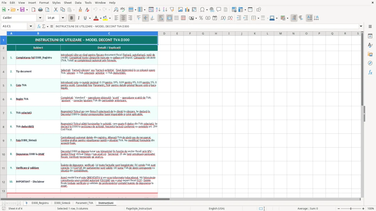 Captură 4: fila Instrucțiuni - Șablon Excel decont tva d300 excel model