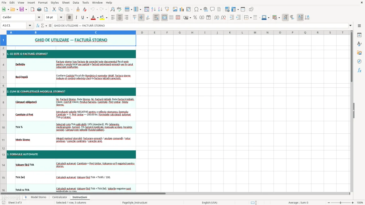 Captură 3: fila Instrucțiuni - Șablon Excel factură storno excel model