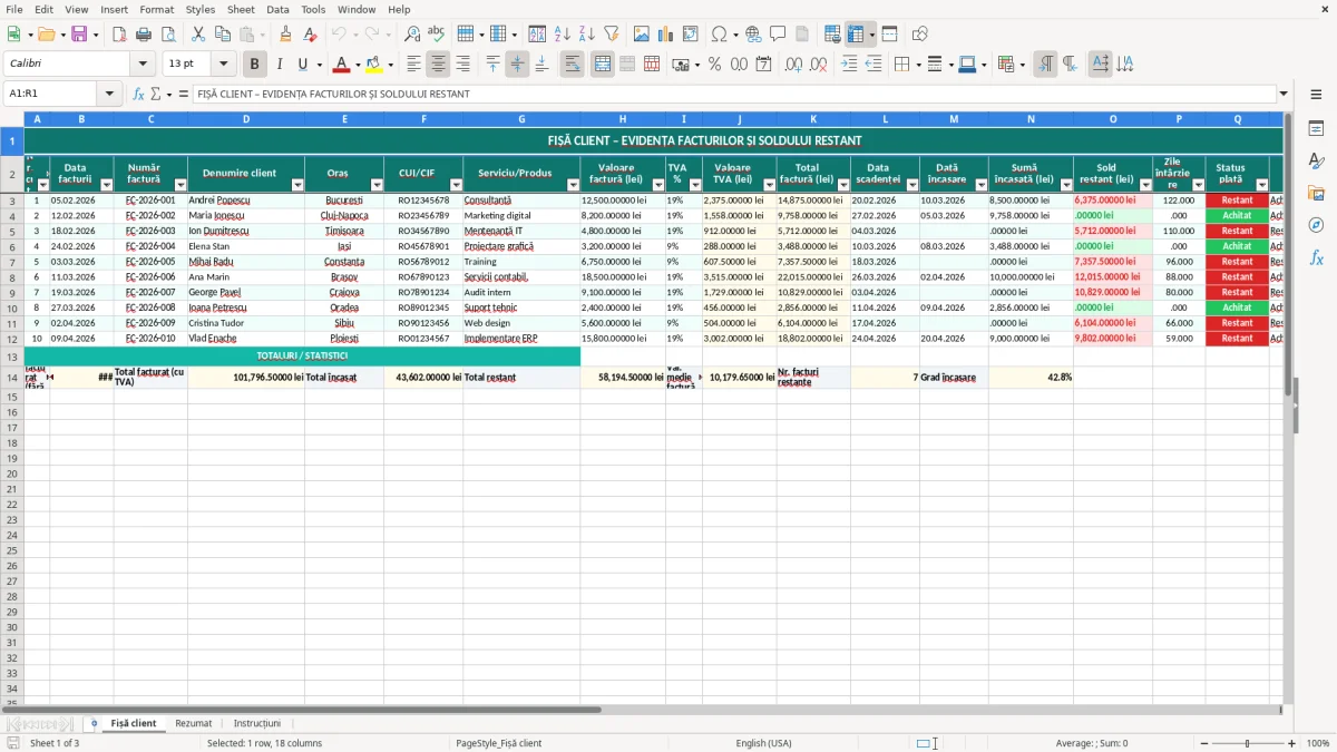 Captură 1: fila Fișă client - Șablon Excel fișă client cu sold restant excel model