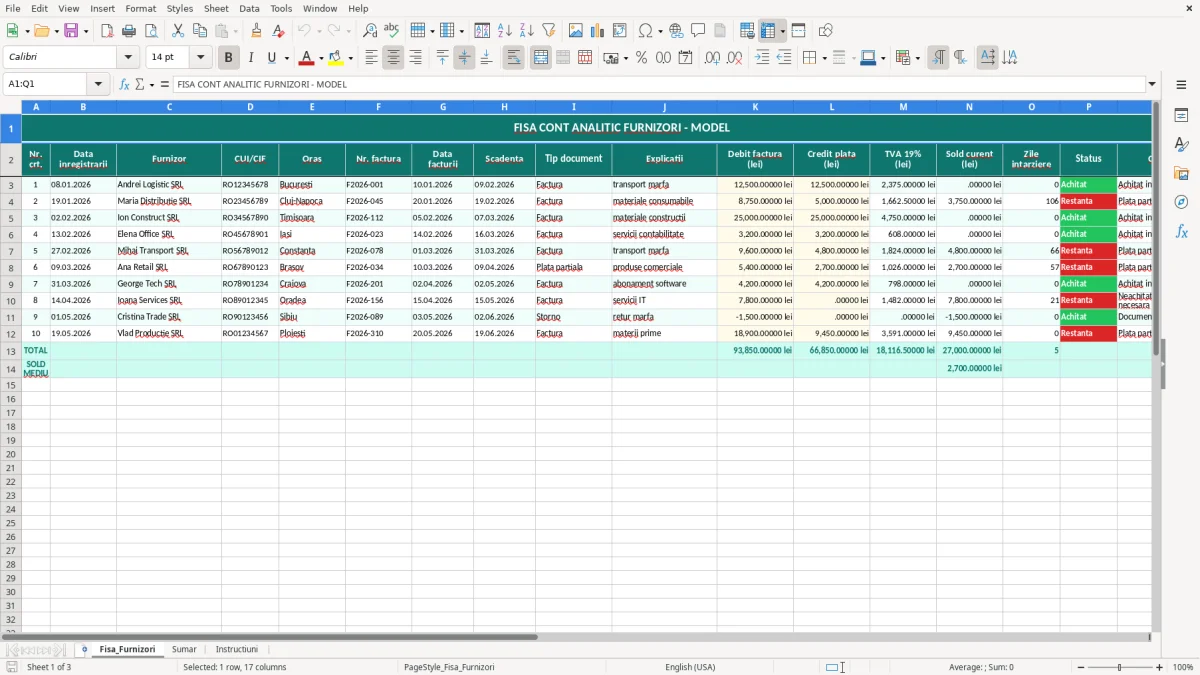 Captură 1: fila Fisa_Furnizori - Șablon Excel fișă cont analitic furnizori excel model