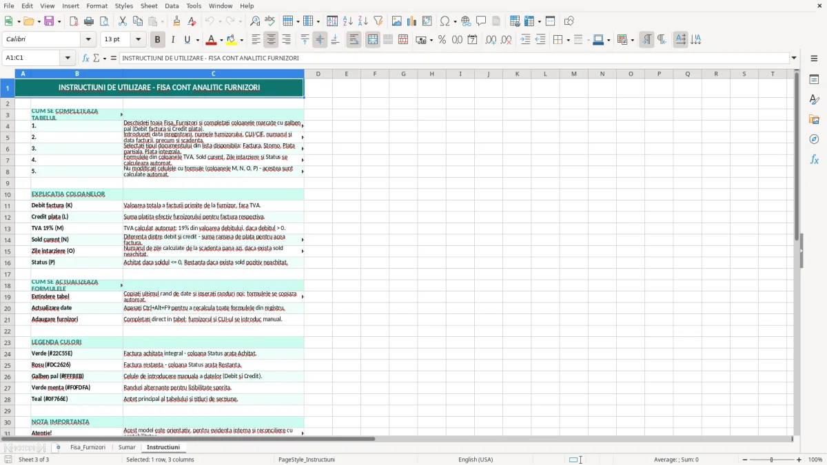 Captură 3: fila Instructiuni - Șablon Excel fișă cont analitic furnizori excel model