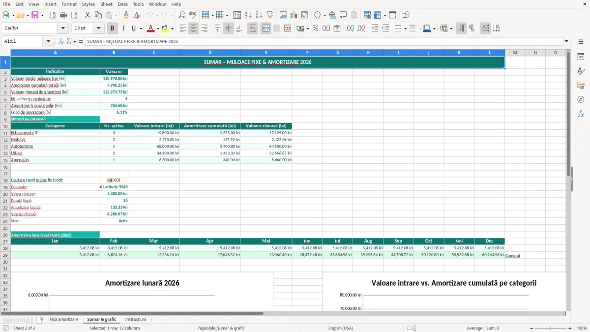 Captură 2: fila Sumar & grafic - Șablon Excel fișă de amortizare mijloace fixe excel model