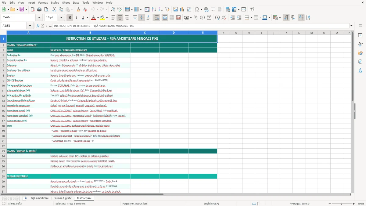 Captură 3: fila Instrucțiuni - Șablon Excel fișă de amortizare mijloace fixe excel model