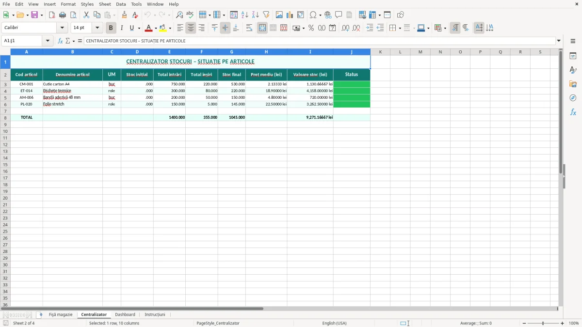 Skärmbild 2: fliken Centralizator - Excelmall fișă de magazie intrări ieșiri excel model