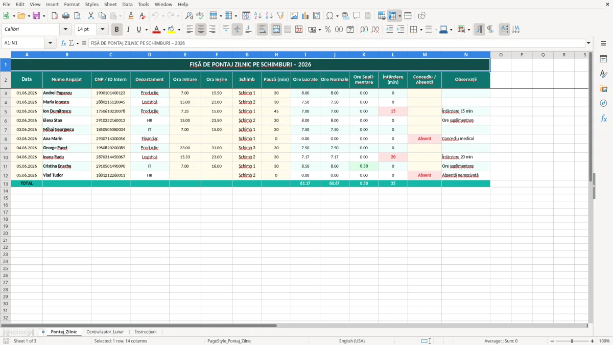Skärmbild 1: fliken Pontaj_Zilnic - Excelmall fișă de pontaj zilnic pe schimburi excel model