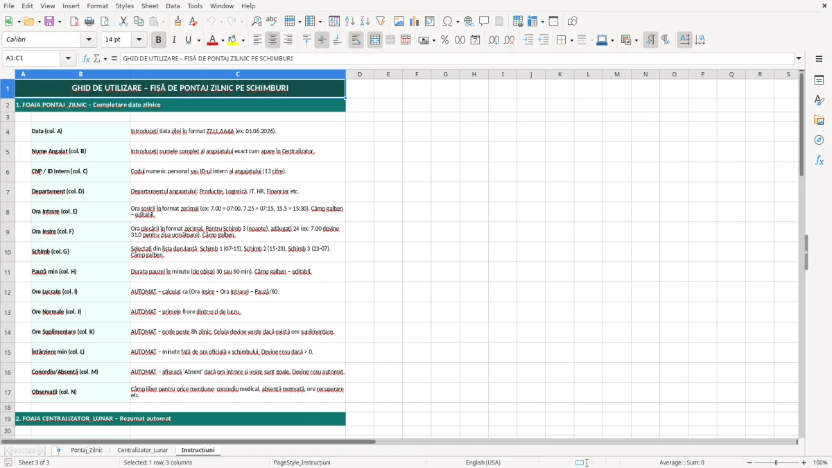 Skärmbild 3: fliken Instrucțiuni - Excelmall fișă de pontaj zilnic pe schimburi excel model