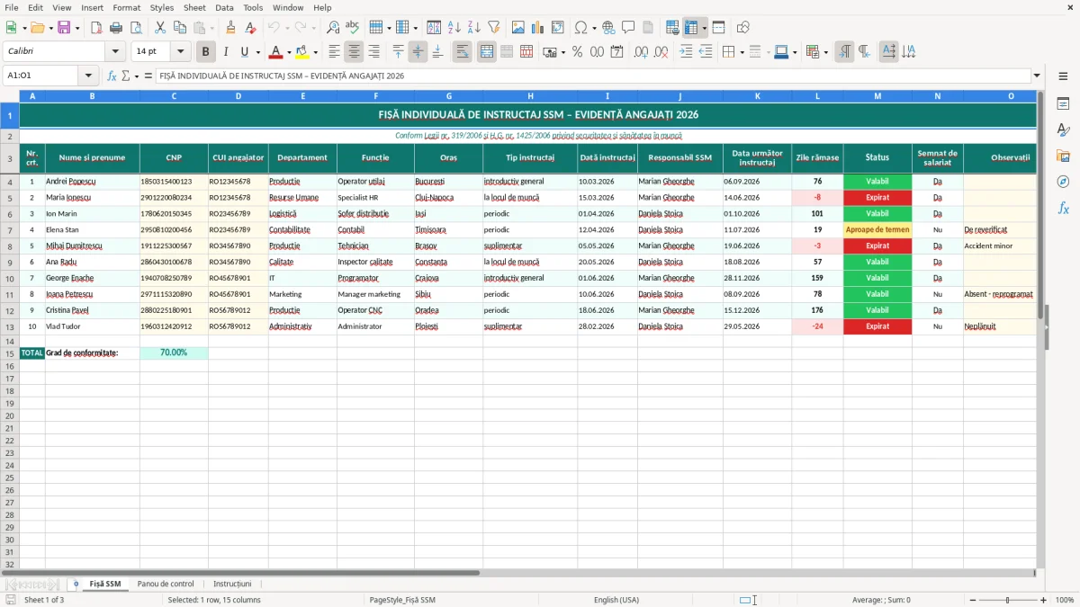 Captură 1: fila Fișă SSM - Șablon Excel fișă individuală de instructaj ssm excel model