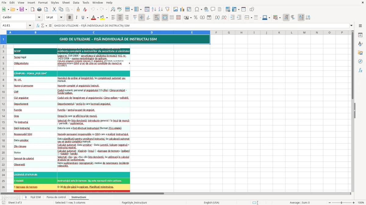 Captură 3: fila Instrucțiuni - Șablon Excel fișă individuală de instructaj ssm excel model
