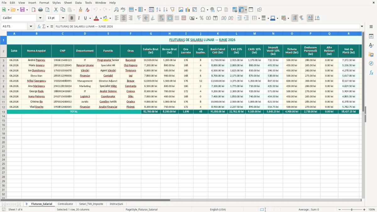 Captură 1: fila Fluturas_Salarial - Șablon Excel fluturaș de salariu lunar excel model