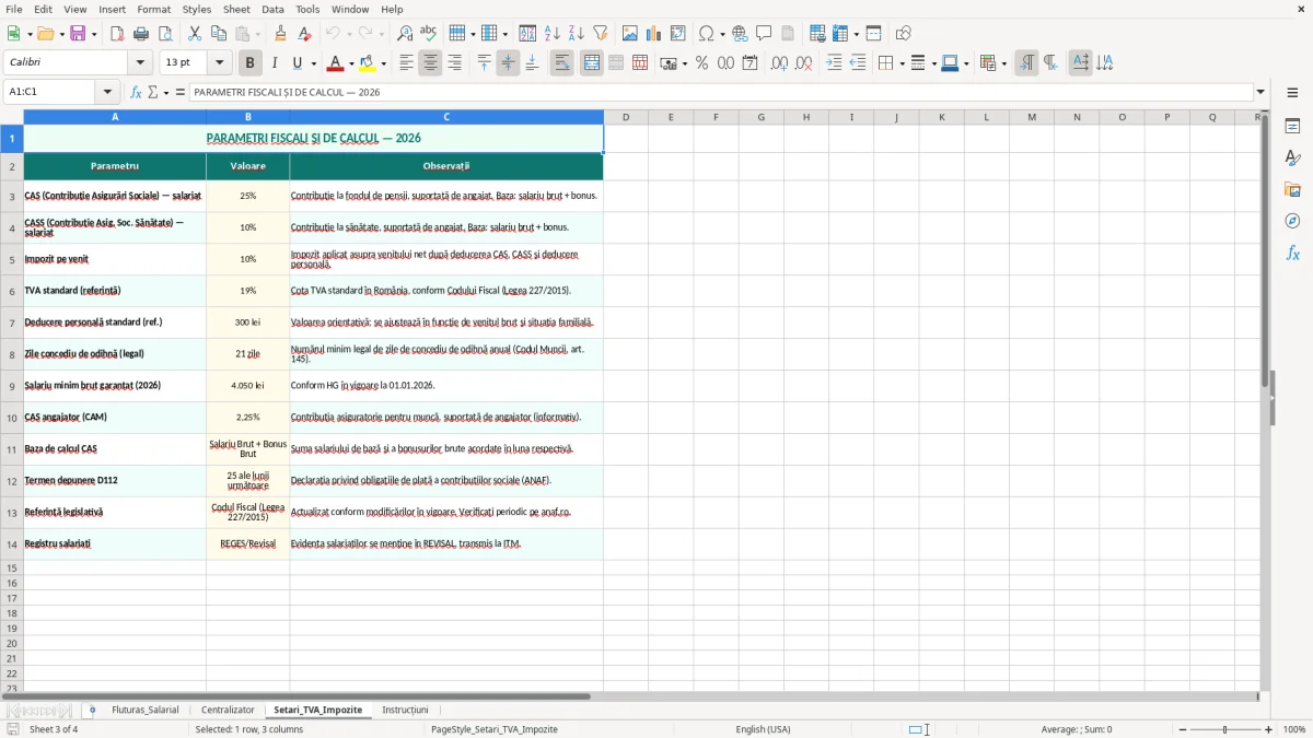 Captură 3: fila Setari_TVA_Impozite - Șablon Excel fluturaș de salariu lunar excel model