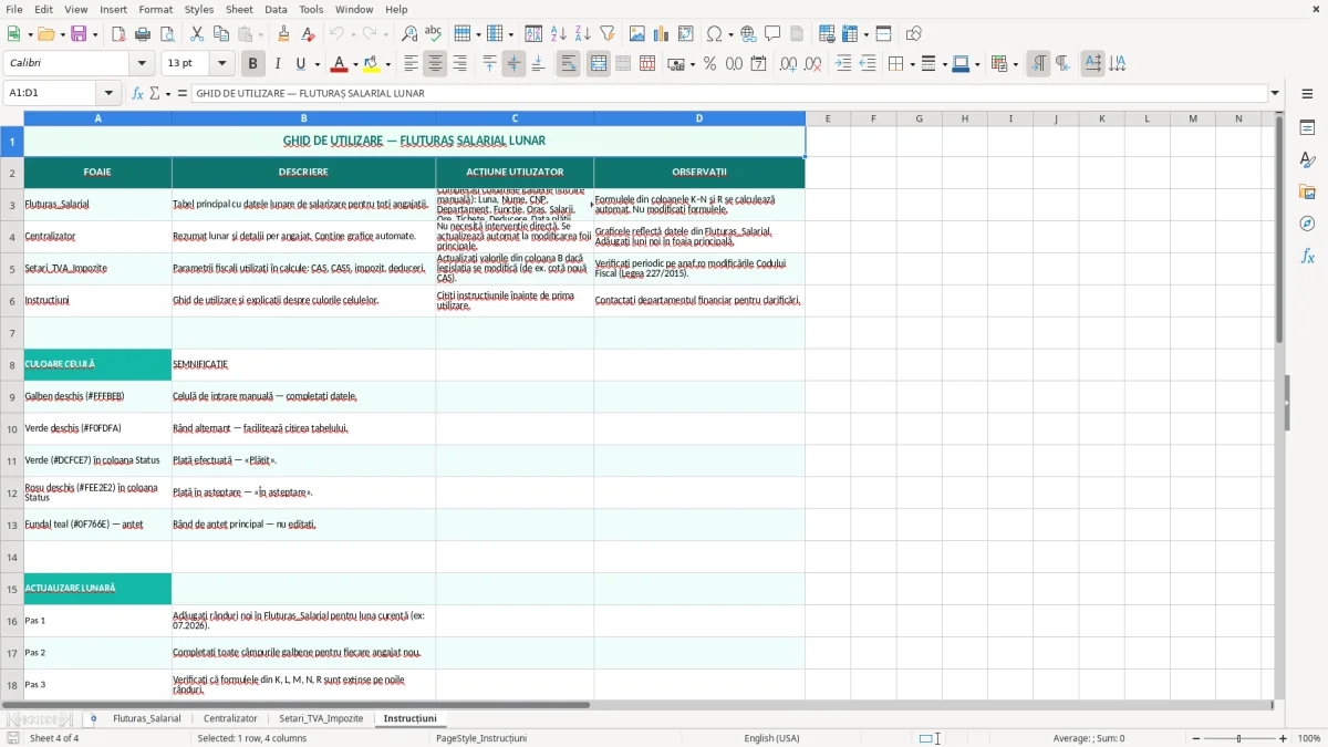 Captură 4: fila Instrucțiuni - Șablon Excel fluturaș de salariu lunar excel model