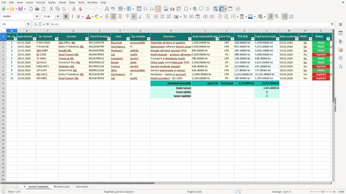 Captură 1: fila Jurnal Cumparari - Șablon Excel jurnal de cumpărări lunar excel model