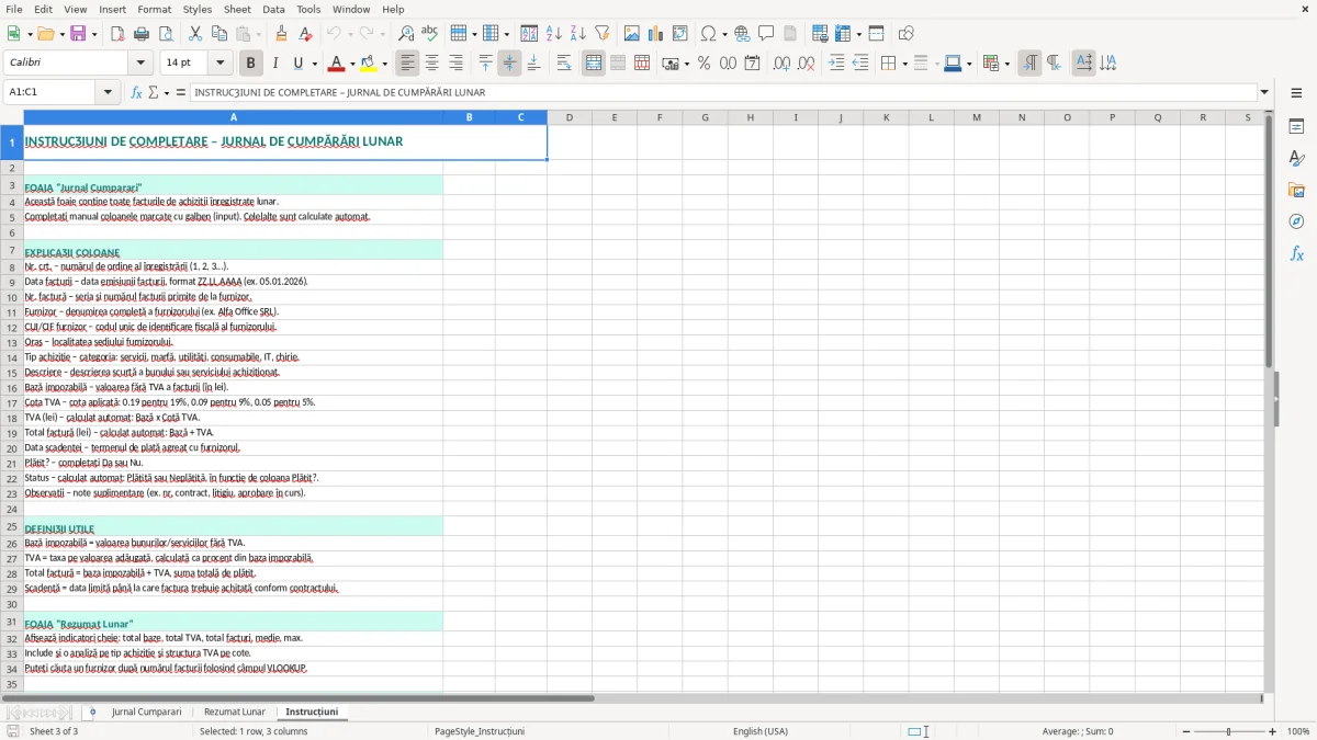 Captură 3: fila Instrucțiuni - Șablon Excel jurnal de cumpărări lunar excel model