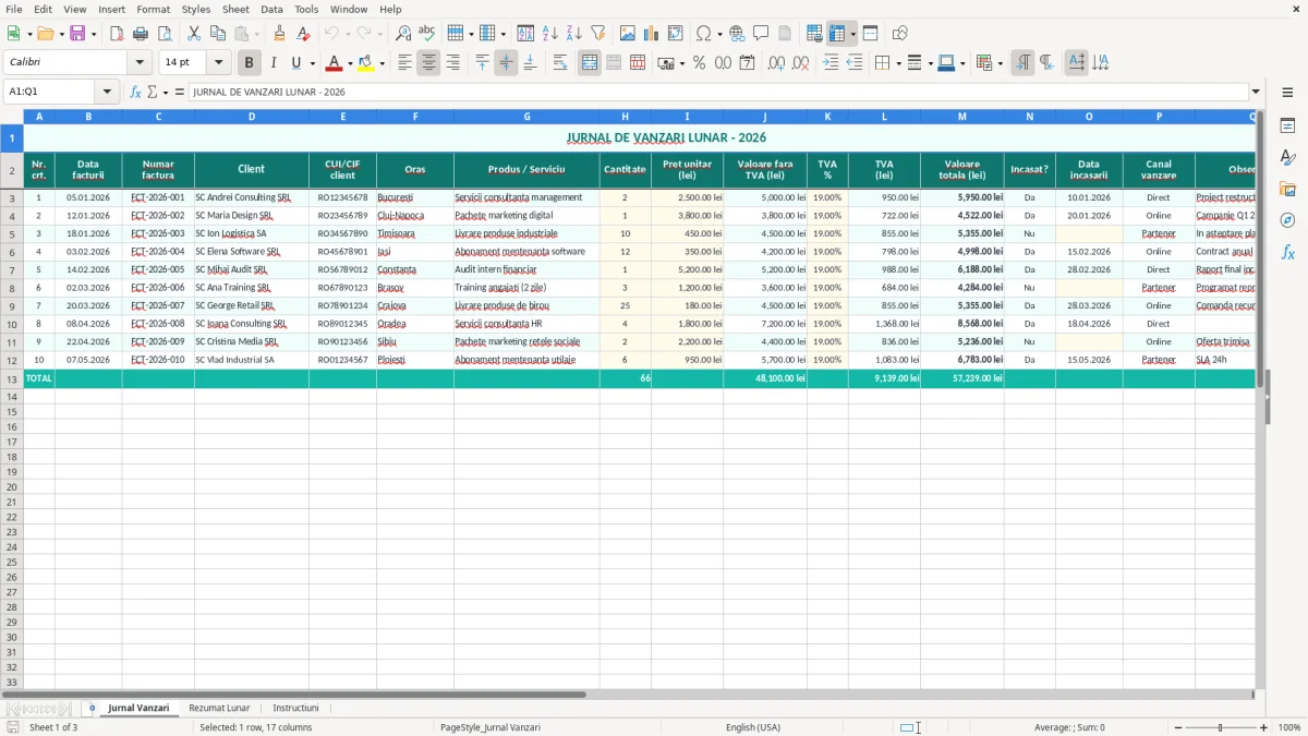 Captură 1: fila Jurnal Vanzari - Șablon Excel jurnal de vânzări lunar excel model