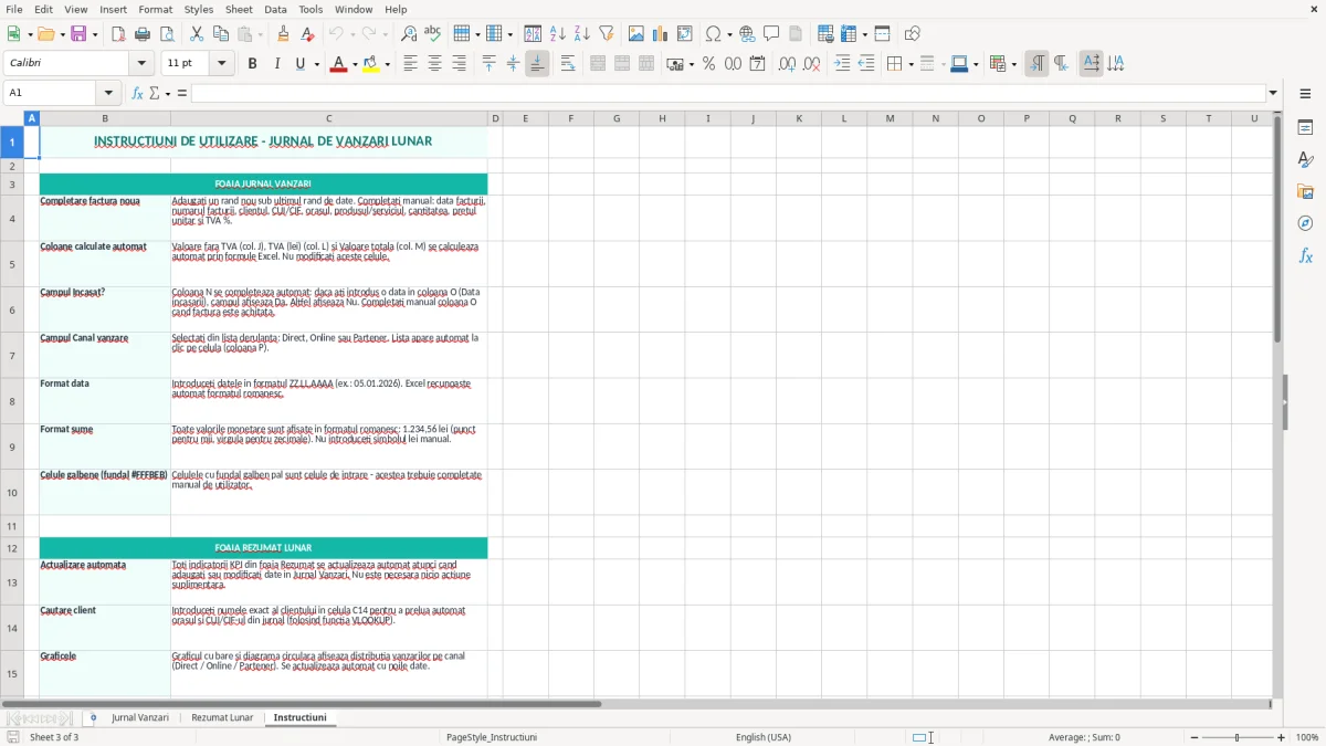 Captură 3: fila Instructiuni - Șablon Excel jurnal de vânzări lunar excel model