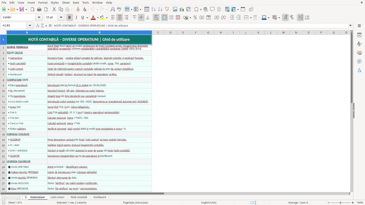 Captură 1: fila Instrucțiuni - Șablon Excel notă contabilă diverse operațiuni excel model