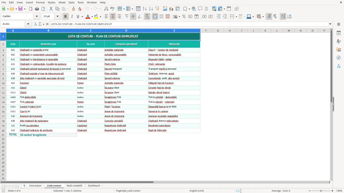 Captură 2: fila Listă conturi - Șablon Excel notă contabilă diverse operațiuni excel model