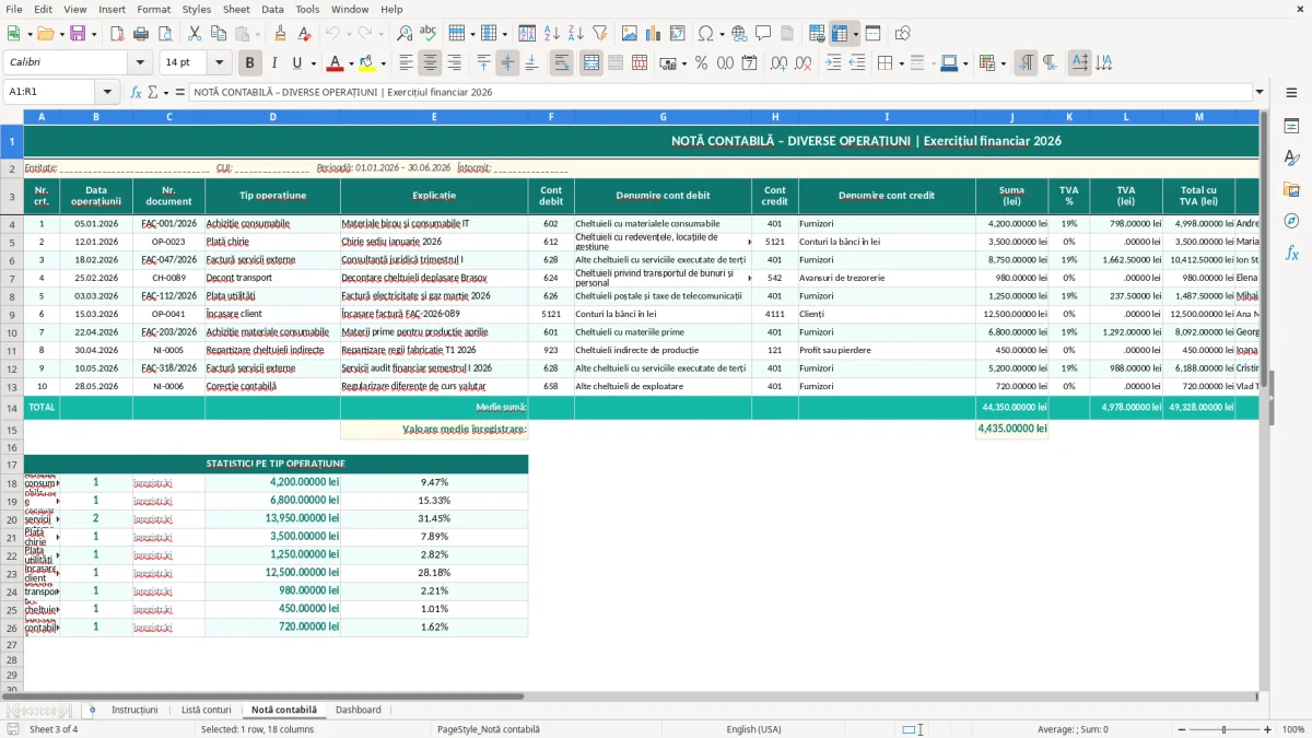 Captură 3: fila Notă contabilă - Șablon Excel notă contabilă diverse operațiuni excel model