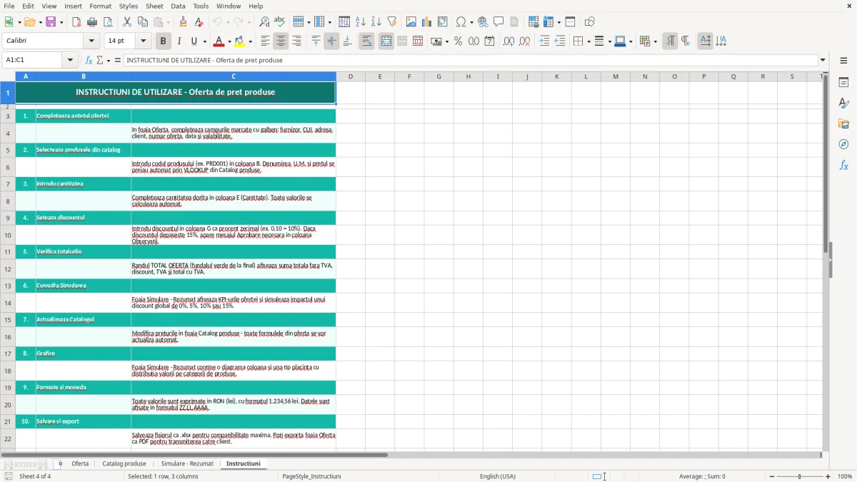 Captură 4: fila Instructiuni - Șablon Excel ofertă de preț produse excel model