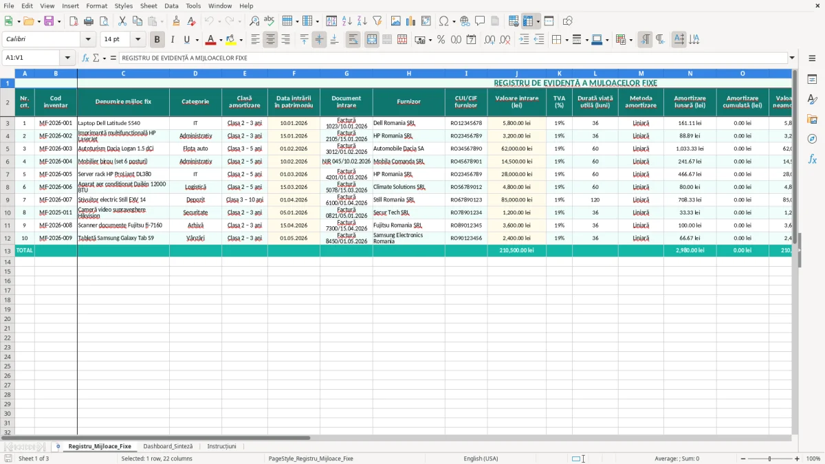 Skärmbild 1: fliken Registru_Mijloace_Fixe - Excelmall registru de evidență a mijloacelor fixe excel model