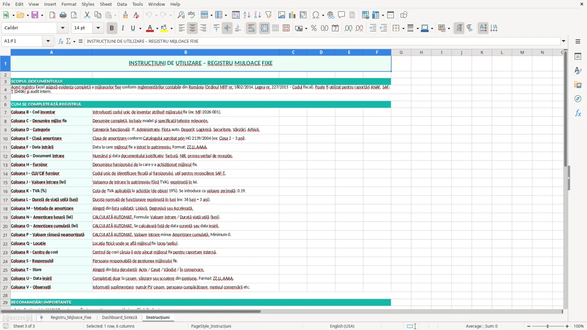 Skärmbild 3: fliken Instrucțiuni - Excelmall registru de evidență a mijloacelor fixe excel model