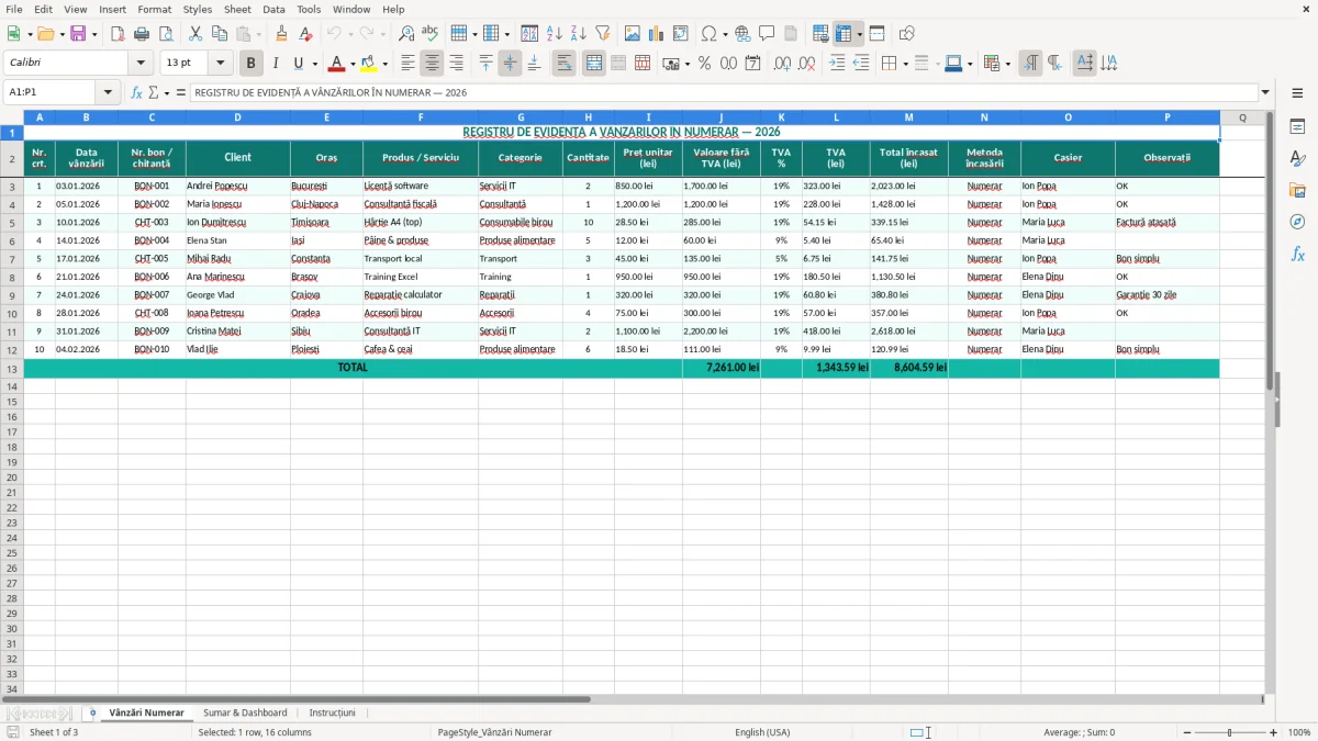 Captură 1: fila Vânzări Numerar - Șablon Excel registru de evidență a vânzărilor în numerar excel model