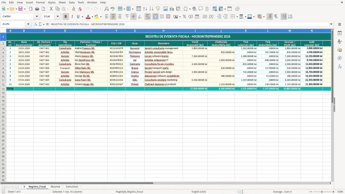 Skärmbild 1: fliken Registru_Fiscal - Excelmall registru de evidență fiscală microîntreprindere excel model
