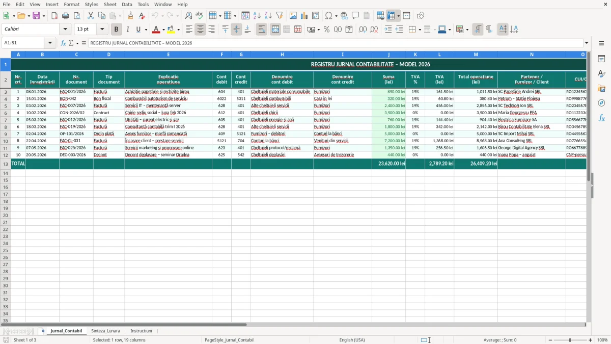 Captură 1: fila Jurnal_Contabil - Șablon Excel registru jurnal contabilitate excel model